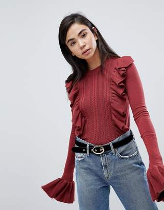 Fashion Union Jumper With Frill Sleeve And Ruffle Front