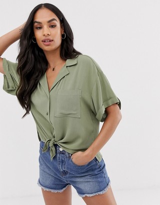 ASOS DESIGN short sleeve crinkle shirt with tie front