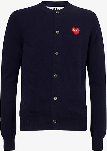 Comme des Garçons PLAY Mens Navy Heart-Embroidered Knitted Wool Cardigan M
