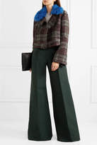 Thumbnail for your product : Topshop Cropped Shearling-trimmed Plaid Bouclé-tweed Jacket - Burgundy