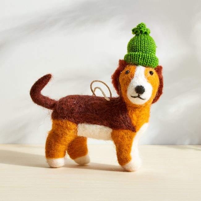 Crate & Barrel Boiled Wool Dog Ornament with Green Hat