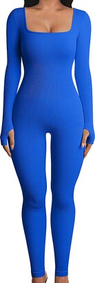 Fiona Jolin Womens Yoga Jumpsuits Ribbed Long Sleeve Bodycon Jumpsuits Workout Exercise One Piece Outfits (Blue-L)
