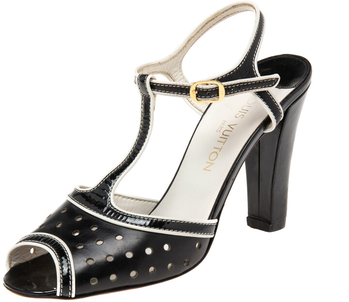 Louis Vuitton Black/White Patent Leather T-strap Sandals Size 39 - ShopStyle