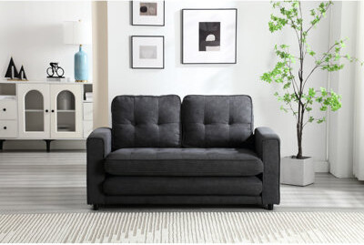 Ebern Designs 3 Fold Bed Convertible Futon Couch Sleeper Space Saving For Living Room Dark Gray Velvet Linen Fabric Pull Out With Side Storage Bags Bed Converti