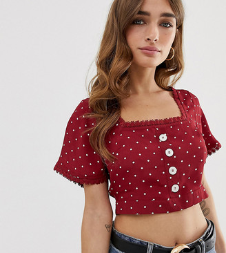 Miss Selfridge Petite crop top with button front in polka dot