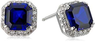 Swarovski Platinum-Plated Sterling Zirconia Asscher-cut Halo Stud Earrings with Created Blue Sapphire