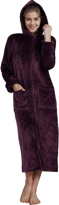 Westkun Unisex Flannel Fleece Dressing Gown with Hood Loungewear Zipper up Full Length Housecoat Nightgown Bathrobe for Women and Man 