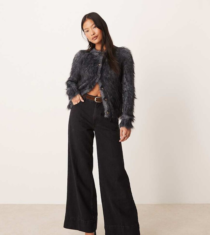 ASOS Petite ASOS DESIGN Petite wide leg jeans with crease front and belt in black