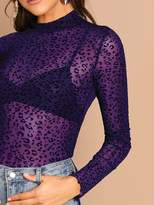 Thumbnail for your product : Shein Mock Neck Lettuce Trim Leopard Top Without Bra