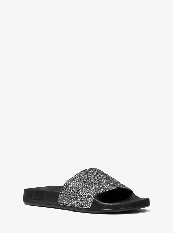lacey butterfly embellished leather slide sandal