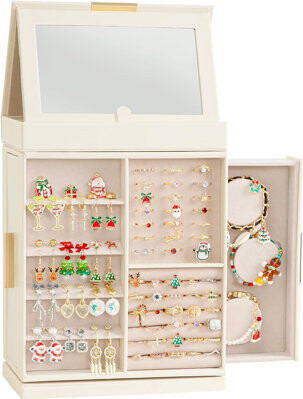 Latitude Run 360° Rotating Jewelry Box, Top Magnetic Box Wth Mirror, 2 Sides Plus 2 Large Drawers, Jewelry Organizer And Storage Case For Ring Necklace Earring Bra