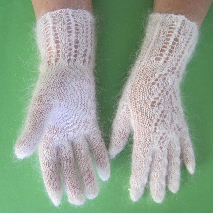 Lace Hand Knit Natural White Goat Down Hand-Spun Yarn All-Season Woman Gloves Warm Gentle Openwork Delicate