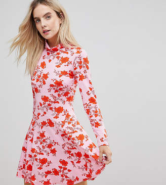 ASOS Petite Polo Neck Mini Dress With Godets In Floral Print