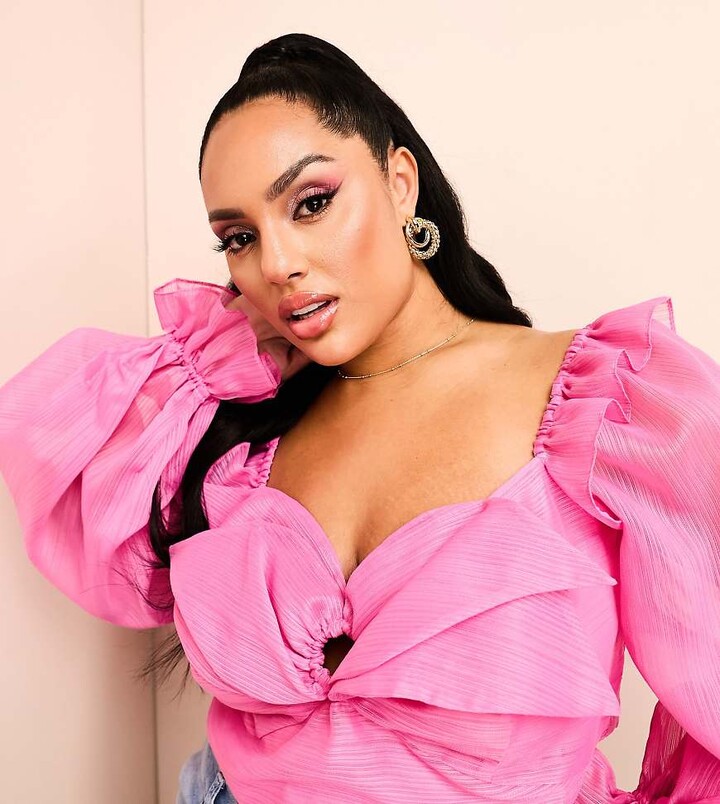 ASOS Luxe organza babydoll top with bow details in hot pink