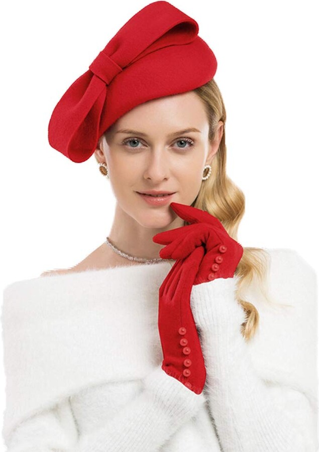 FADVES Womens Wool Fascinators Hats Wedding Pillbox Berets Beanie Caps Bowknot
