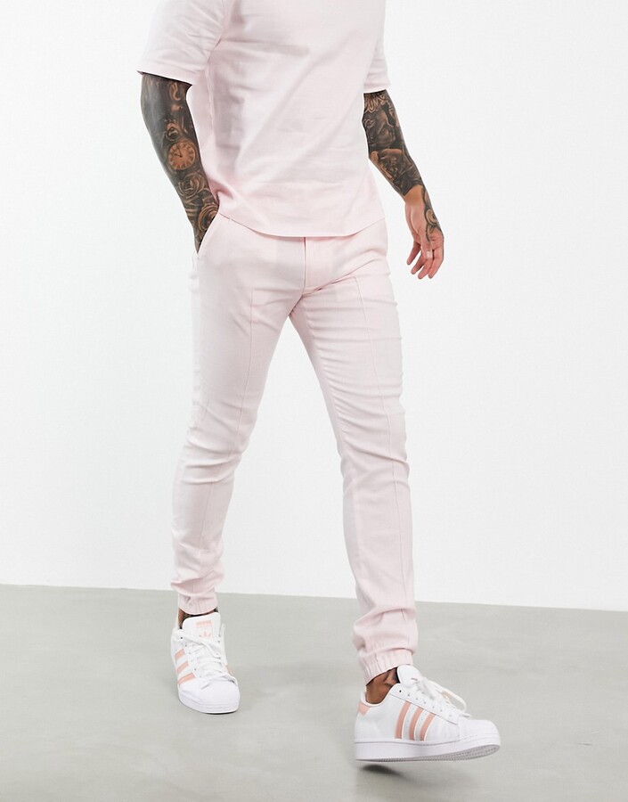 Myrde snemand kanal ASOS DESIGN smart skinny joggers with cuff in pink linen mix - part of a  set - ShopStyle Chinos & Khakis
