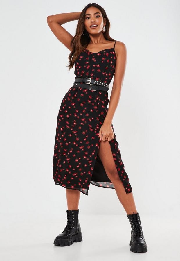 black floral print cami cowl slip dress