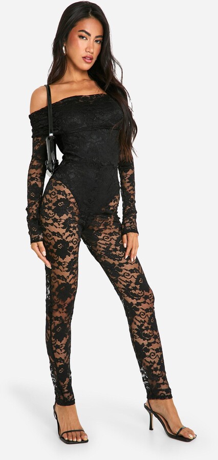 boohoo Lace Fold Over Bardot Jumpsuit ShopStyle