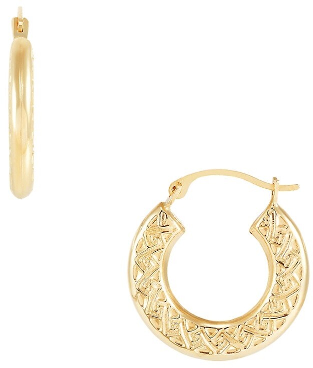 Cute Shiny Textured Flat Greek Key Hoop Earrings Real 14K Yellow Gold 18mm