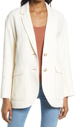 Scoop Pocket Blazer 80s Cream Ivory White Linen Button Open Front Jacket