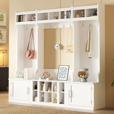 Wide Entryway Hall Tree with Storage Bench, 4-in-1 Coat Rack, Shoe Cubbies & Shelf Organizer for Hallway, Black