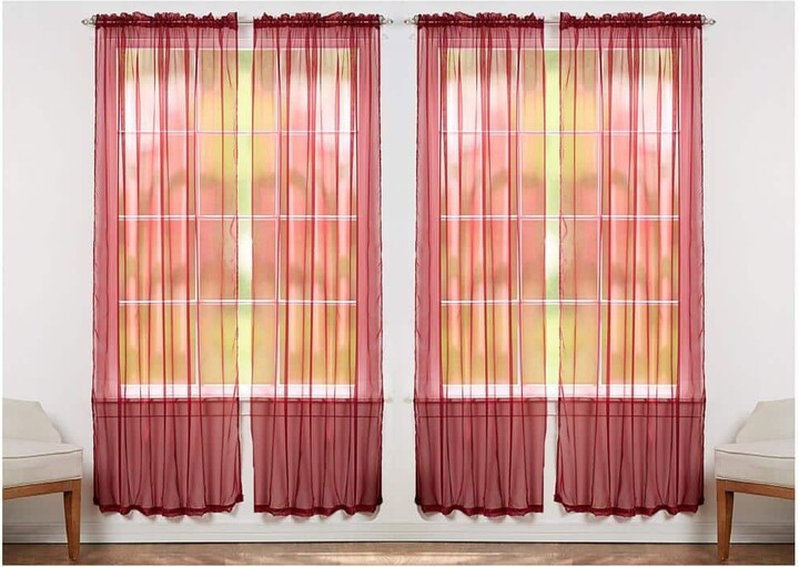 J&V Textiles Solid Burgundy 55 in. W x 84 in. L Rod Pocket Sheer Window Curtain Panel (Set of 4)