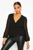 Thumbnail for your product : boohoo Dobby Spot Wrap Peplum Top