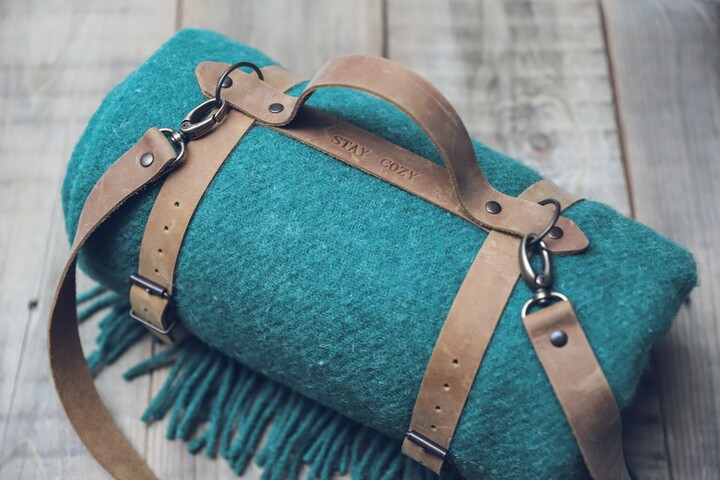 Personalized Wool Throw Blanket With Leather Handle Strap