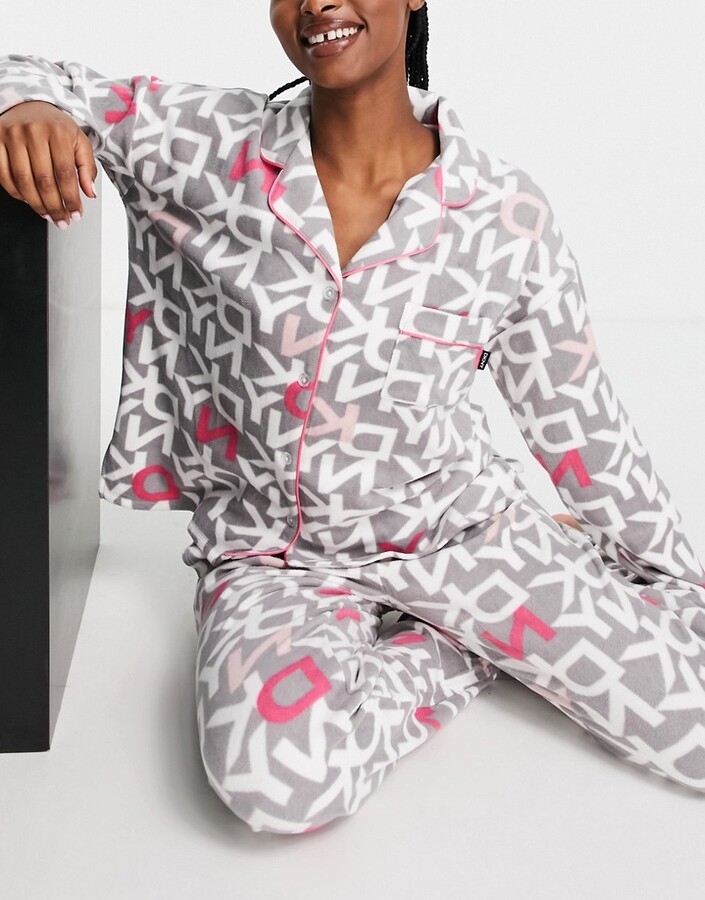 DKNY cozy stretch fleece gift wrapped logo printed revere pajama set in  gray/pink - ShopStyle