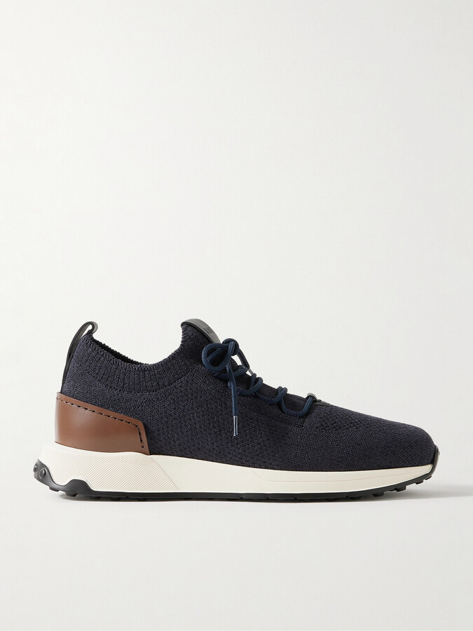 Calzino Leather-Trimmed Stretch-Knit Sneakers