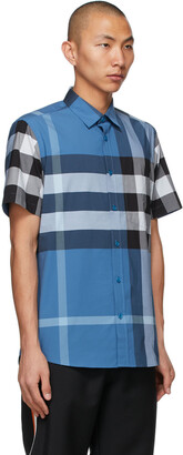 Burberry Blue Stretch Poplin Check Short Sleeve Shirt