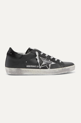 golden goose superstar distressed metallic leather and suede sneakers
