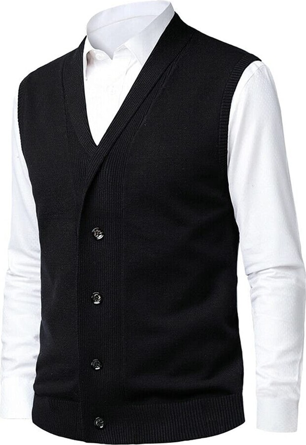 YYNUDA Mens V-Neck Striped Knitted Sleeveless Wool Sweaters Vest Thermal Cardigan with Front Button