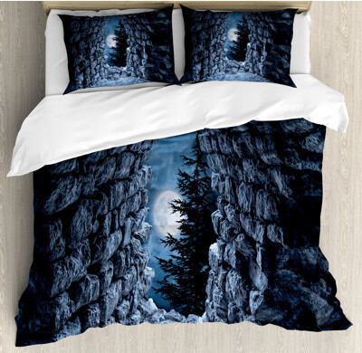 Ambesonne Gothic Duvet Cover Set Full Moon Dark Cave Calking Blue Grey