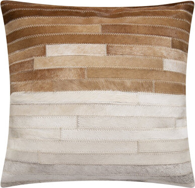 Canvello Beige Brown Ivory Cowhide Leather Pillow - Striped Patchwork - 18X18 In