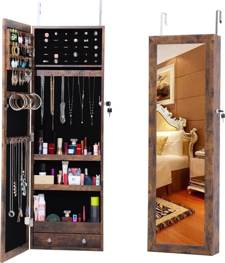 43''H Velvet Key Lock Jewelry Armoire Mirror with Storage Hooks