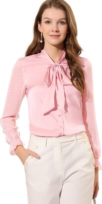 Allegra K Women's Bow Tie Neck Long Sleeve Swiss Dots Top Blouse Pink S-8