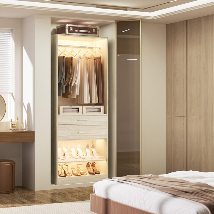 Aheaplus Closet Organizer with Wood Drawers and Shoe Rack Freestanding Closet System with Hanging Rods