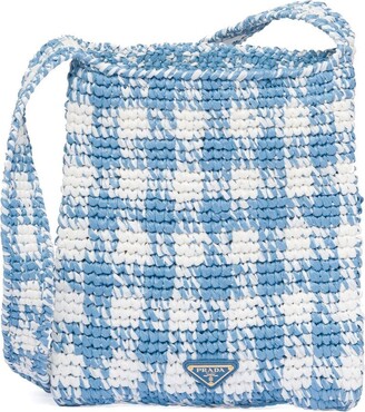 Prada Houndstooth-Pattern Raffia Shoulder Bag