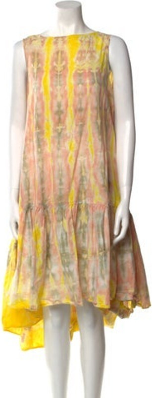 Rachel Comey Tent Dress Yellow Printed Pleated & Ruffle Accents Sleeveless with Bateau Neckline Concealed Zip Closure at Back Size not listed, estimated from measurements. Designer