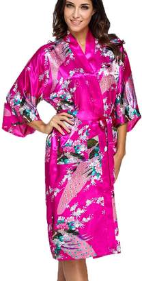 FLYCHEN Women's Satin Dressing Gowns Peacock and Blossoms Kimono Robes US 12-16 2XL