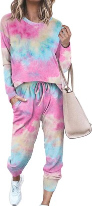 WFTBDREAM Womens Two Piece Outfits Tie Dye Long Sleeve Pullover Pajamas Sets 