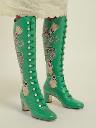 Gucci Amaya Embroidered Leather Boots - Womens - Green