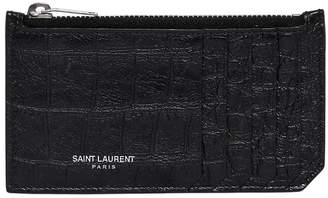 Saint Laurent Croc Embossed Leather Zip Card Holder