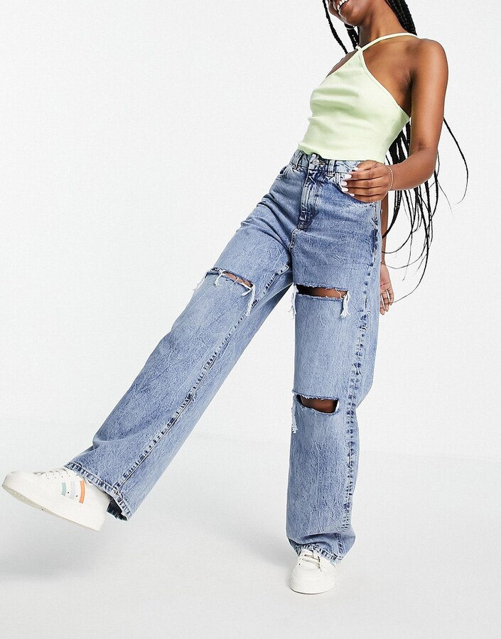 New Look ripped baggy dad jeans in light blue - ShopStyle