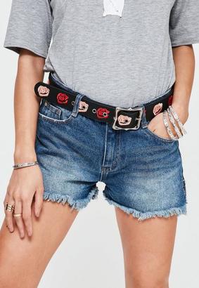 Missguided Black Faux Leather Rose Embroidered Belt, Black