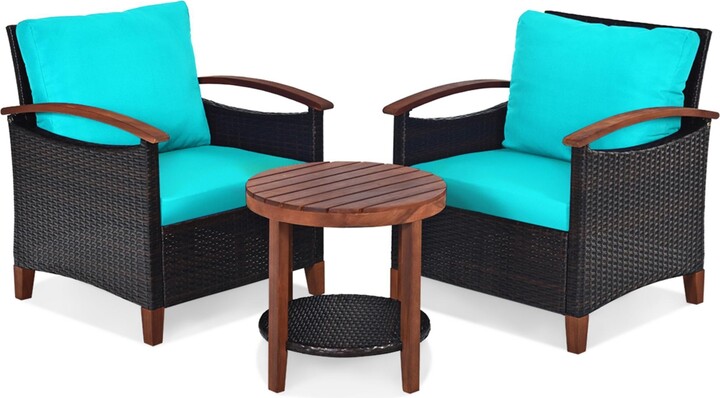 Gymax 3PCS Patio Wicker Rattan Conversation Set Outdoor Furniture Set w/ Turquoise Cushion - Turquoise/aqua+black+brown