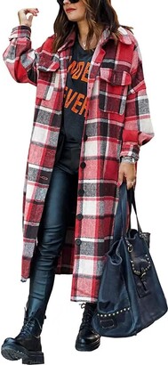 ASKSA Womens Plaid Long Shirt Jacket Lapel Button Long Sleeve Oversize  Lumberjack Boyfriend Shacket Warm Cardigan ​Trench Coat(Red - ShopStyle  Coats