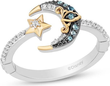 Zales Enchanted Disney Jasmine Blue Topaz and 1/10 CT. T.w. Diamond Moon and Stars Open Ring in Sterling Silver and 10K Gold
