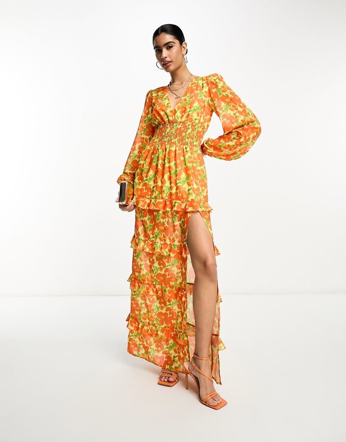 Pretty Lavish shirred waist maxi dress in orange and yellow floral ...